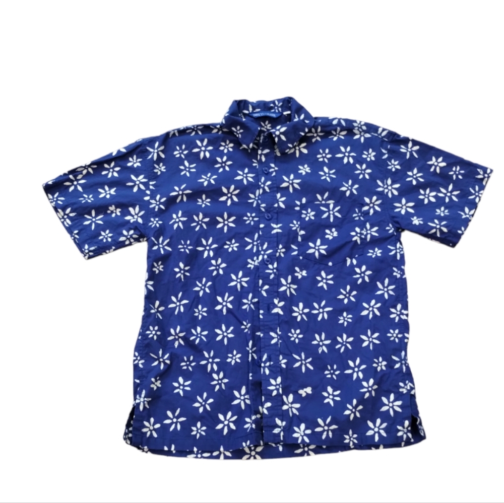 Three Islands Little Floral Print Vacation Shirt Blue and White Hawaii boy Large
